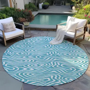 8' Teal Blue And Ivory Round Abstract Washable Indoor Outdoor Area Rug