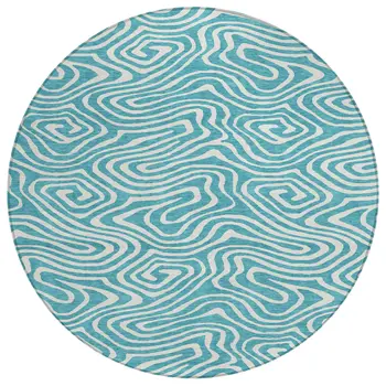 8' Teal Blue And Ivory Round Abstract Washable Indoor Outdoor Area Rug