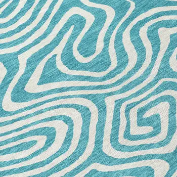 8' Teal Blue And Ivory Round Abstract Washable Indoor Outdoor Area Rug