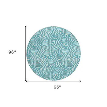 8' Teal Blue And Ivory Round Abstract Washable Indoor Outdoor Area Rug