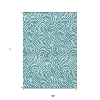 8' X 10' Teal Blue And Ivory Abstract Washable Indoor Outdoor Area Rug