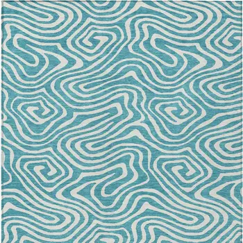 9' X 12' Teal Blue And Ivory Abstract Washable Indoor Outdoor Area Rug