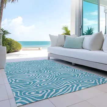 10' X 14' Teal Blue And Ivory Abstract Washable Indoor Outdoor Area Rug