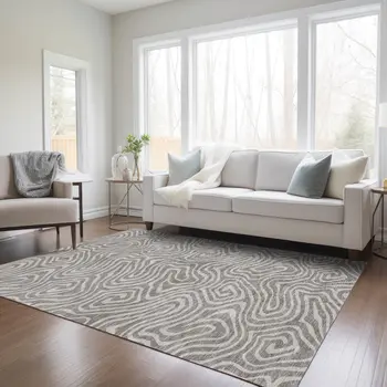 3' X 5' Taupe And Gray Abstract Washable Indoor Outdoor Area Rug