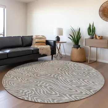 8' Taupe And Gray Round Abstract Washable Indoor Outdoor Area Rug