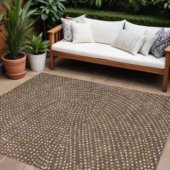 9' X 12' Brown Gold And Ivory Polka Dot Washable Indoor Outdoor Area Rug