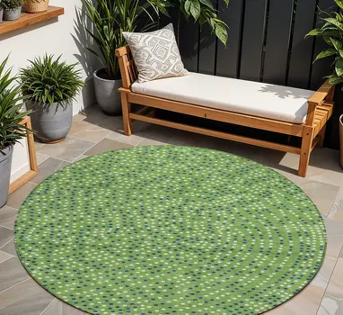 8' Green Blue And Ivory Round Polka Dot Washable Indoor Outdoor Area Rug