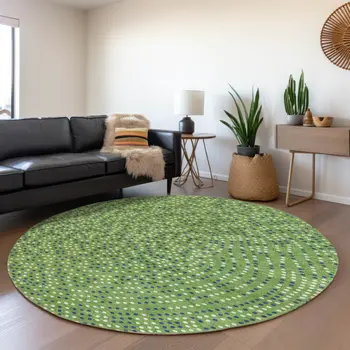 8' Green Blue And Ivory Round Polka Dot Washable Indoor Outdoor Area Rug