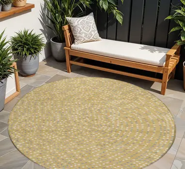 8' Gold Gray And Ivory Round Polka Dot Washable Indoor Outdoor Area Rug