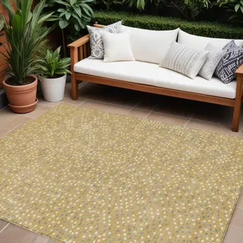 10' X 14' Gold Gray And Ivory Polka Dot Washable Indoor Outdoor Area Rug