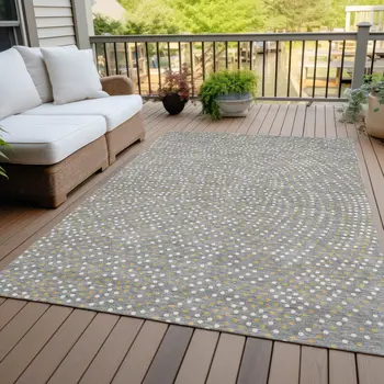3' X 5' Gray Gold And Ivory Polka Dot Washable Indoor Outdoor Area Rug