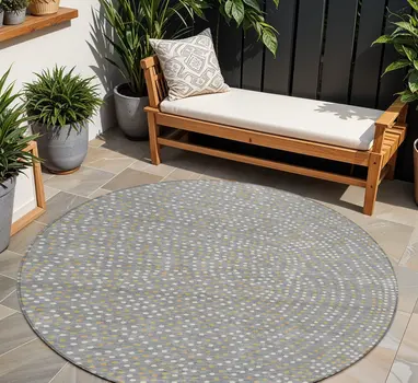 8' Gray Gold And Ivory Round Polka Dot Washable Indoor Outdoor Area Rug