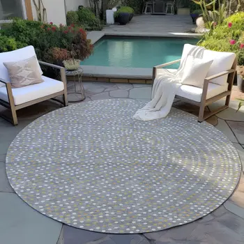 8' Gray Gold And Ivory Round Polka Dot Washable Indoor Outdoor Area Rug