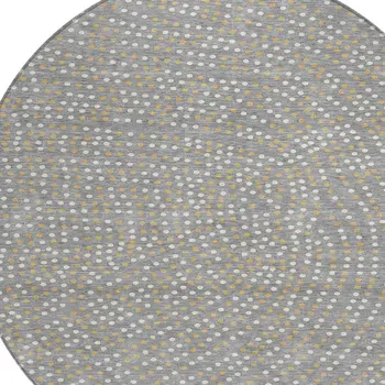 8' Gray Gold And Ivory Round Polka Dot Washable Indoor Outdoor Area Rug