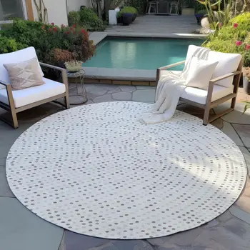 8' Ivory And Brown Round Polka Dot Washable Indoor Outdoor Area Rug