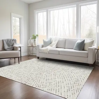 10' X 14' Ivory And Brown Polka Dot Washable Indoor Outdoor Area Rug