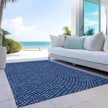 5' X 8' Navy Blue Gray And Ivory Polka Dot Washable Indoor Outdoor Area Rug