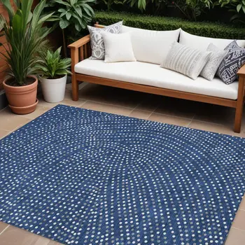 8' X 10' Navy Blue Gray And Ivory Polka Dot Washable Indoor Outdoor Area Rug