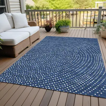 8' X 10' Navy Blue Gray And Ivory Polka Dot Washable Indoor Outdoor Area Rug