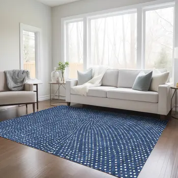 10' X 14' Navy Blue Gray And Ivory Polka Dot Washable Indoor Outdoor Area Rug