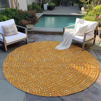8' Orange Gray And Ivory Round Polka Dot Washable Indoor Outdoor Area Rug
