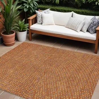 9' X 12' Brown Gray And Gold Polka Dot Washable Indoor Outdoor Area Rug