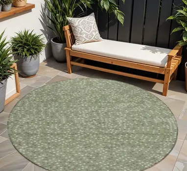 8' Sage Gray And Ivory Round Polka Dot Washable Indoor Outdoor Area Rug