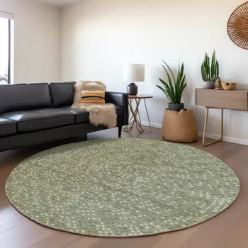 8' Sage Gray And Ivory Round Polka Dot Washable Indoor Outdoor Area Rug