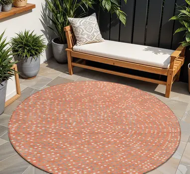 8' Salmon Gray And Ivory Round Polka Dot Washable Indoor Outdoor Area Rug