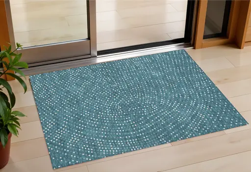 3' X 5' Teal Blue Gray And Ivory Polka Dot Washable Indoor Outdoor Area Rug