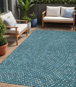 5' X 8' Teal Blue Gray And Ivory Polka Dot Washable Indoor Outdoor Area Rug