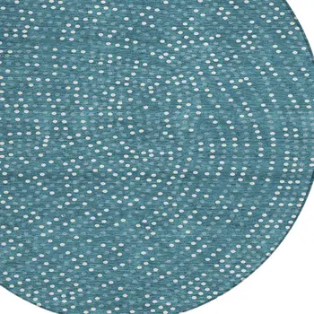 8' Teal Blue Gray And Ivory Round Polka Dot Washable Indoor Outdoor Area Rug