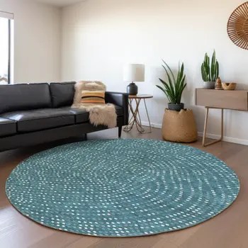 8' Teal Blue Gray And Ivory Round Polka Dot Washable Indoor Outdoor Area Rug