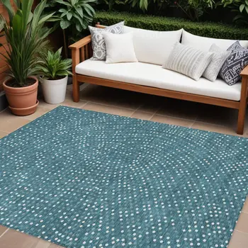 8' X 10' Teal Blue Gray And Ivory Polka Dot Washable Indoor Outdoor Area Rug