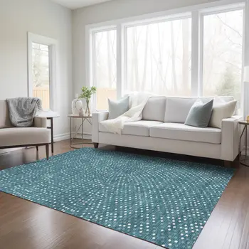 8' X 10' Teal Blue Gray And Ivory Polka Dot Washable Indoor Outdoor Area Rug