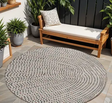 8' Taupe Black And Brown Round Polka Dot Washable Indoor Outdoor Area Rug