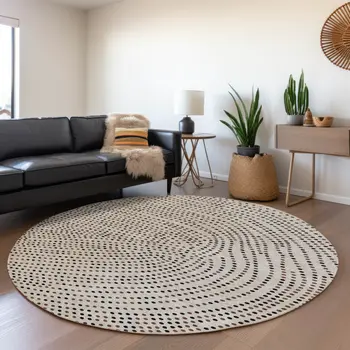 8' Taupe Black And Brown Round Polka Dot Washable Indoor Outdoor Area Rug