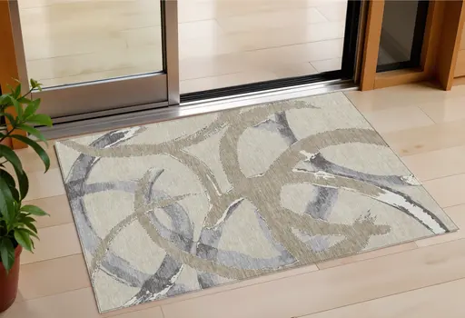 3' X 5' Beige Ivory And Gray Abstract Washable Indoor Outdoor Area Rug