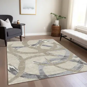3' X 5' Beige Ivory And Gray Abstract Washable Indoor Outdoor Area Rug