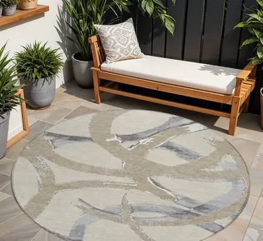 8' Beige Ivory And Gray Round Abstract Washable Indoor Outdoor Area Rug