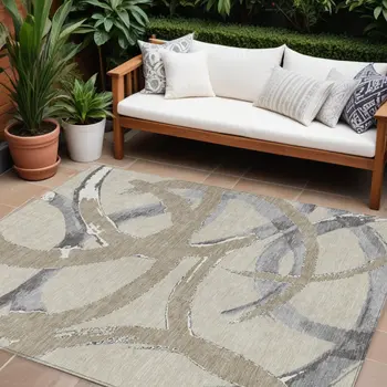 8' X 10' Beige Ivory And Gray Abstract Washable Indoor Outdoor Area Rug