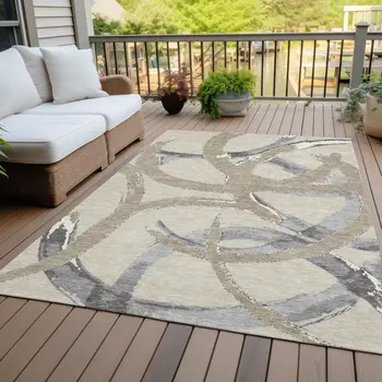 9' X 12' Beige Ivory And Gray Abstract Washable Indoor Outdoor Area Rug