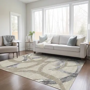 9' X 12' Beige Ivory And Gray Abstract Washable Indoor Outdoor Area Rug