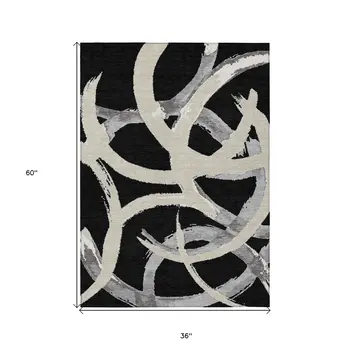 3' X 5' Black Ivory And Gray Abstract Washable Indoor Outdoor Area Rug