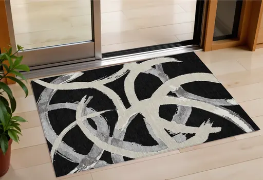 3' X 5' Black Ivory And Gray Abstract Washable Indoor Outdoor Area Rug