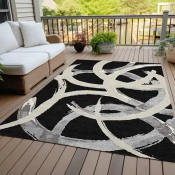 3' X 5' Black Ivory And Gray Abstract Washable Indoor Outdoor Area Rug