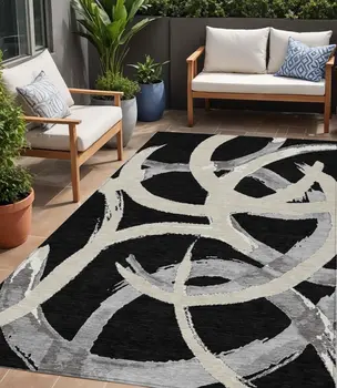 5' X 8' Black Ivory And Gray Abstract Washable Indoor Outdoor Area Rug