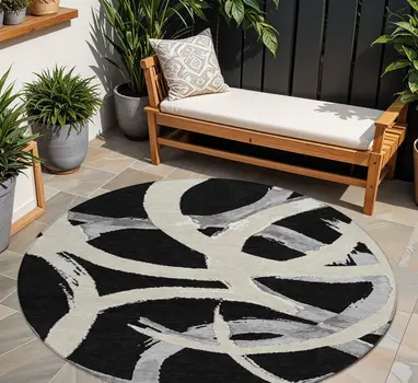 8' Black Ivory And Gray Round Abstract Washable Indoor Outdoor Area Rug