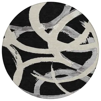 8' Black Ivory And Gray Round Abstract Washable Indoor Outdoor Area Rug
