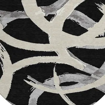 8' Black Ivory And Gray Round Abstract Washable Indoor Outdoor Area Rug